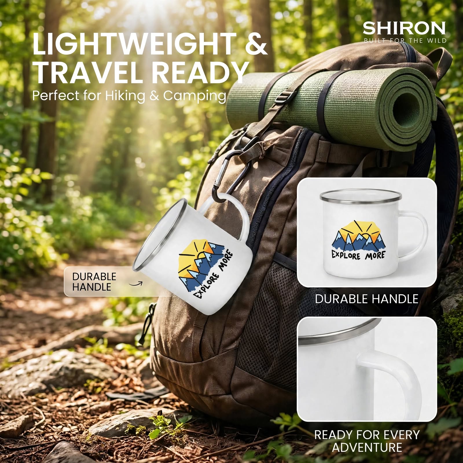 Camping Enamel Mug 300ml – “Explore More” Mountain Design Coffee Cup | Lightweight Outdoor Travel Mug for Camping & Trekking