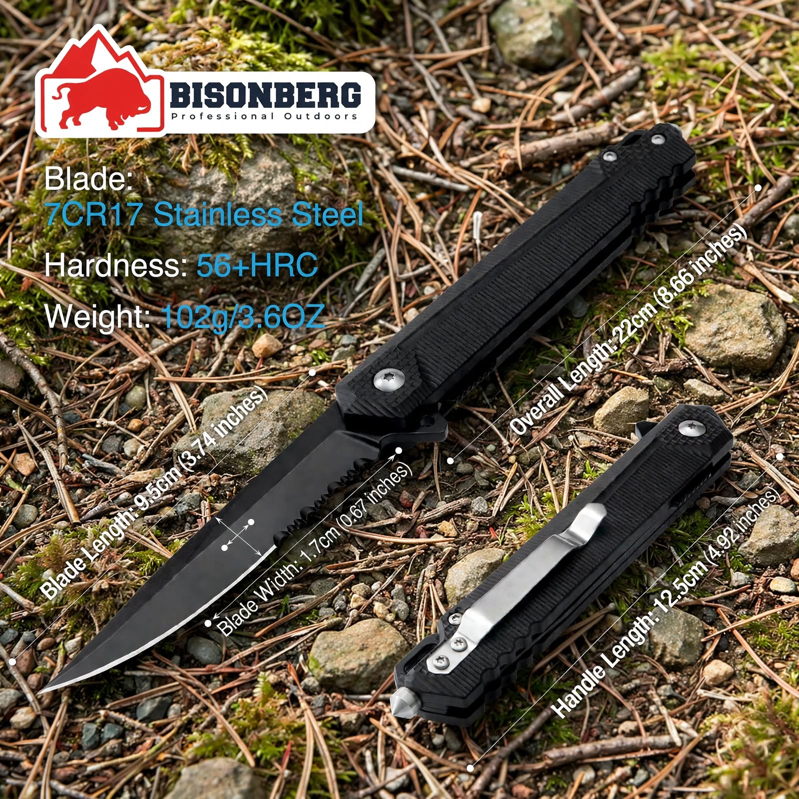 BISONBERG Tactical Folding Knife – Premium Black Outdoor Utility Knife