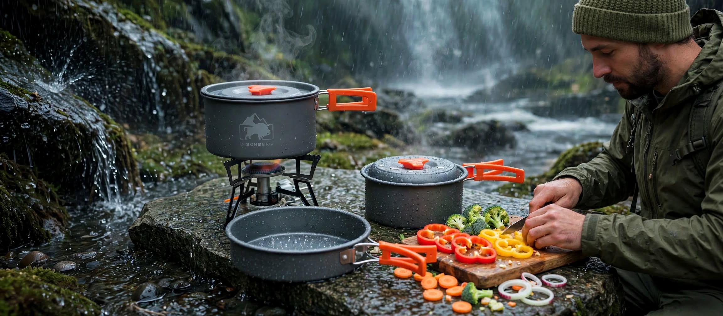 BISONBERG BB-500 Premium |4-5 Person Camping Cookware Set – Portable Outdoor Cooking Kit with Pots, Pan, Bowl,Plate,Spoon & Carry Bag