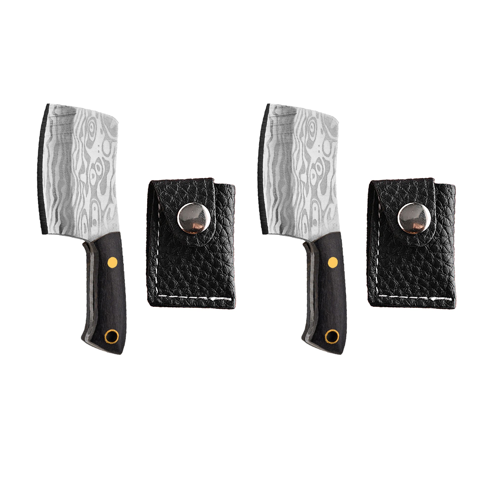 Miniature Chopper Knife with Leather Cover | Damascus Pattern Steel | Pocket-Sized Kitchen & Outdoor Utility Knife with Sheath image 0