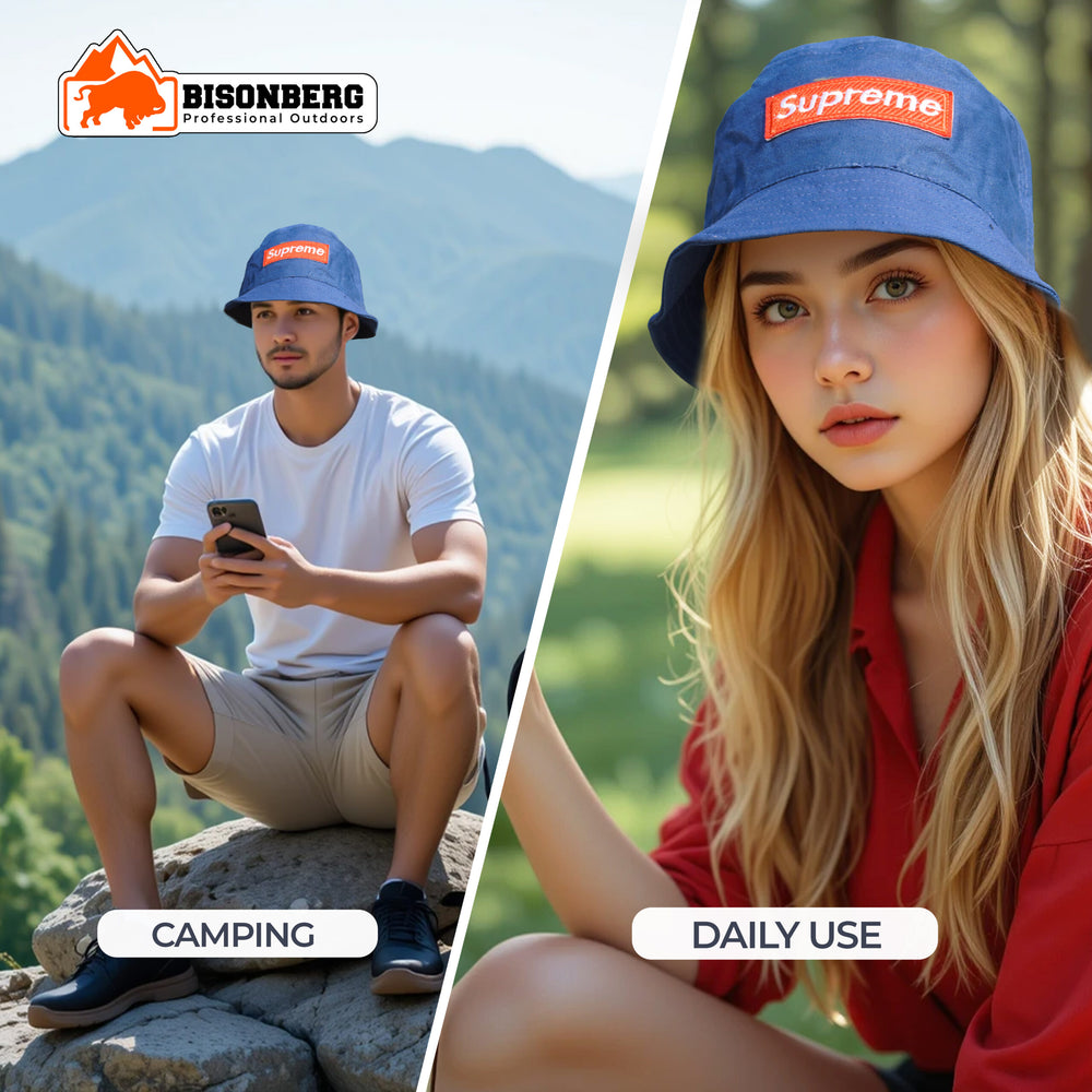 Bisonberg Supreme Blue Canvas Bucket Hat Bold Streetwear Vibes with Iconic Branding image 3