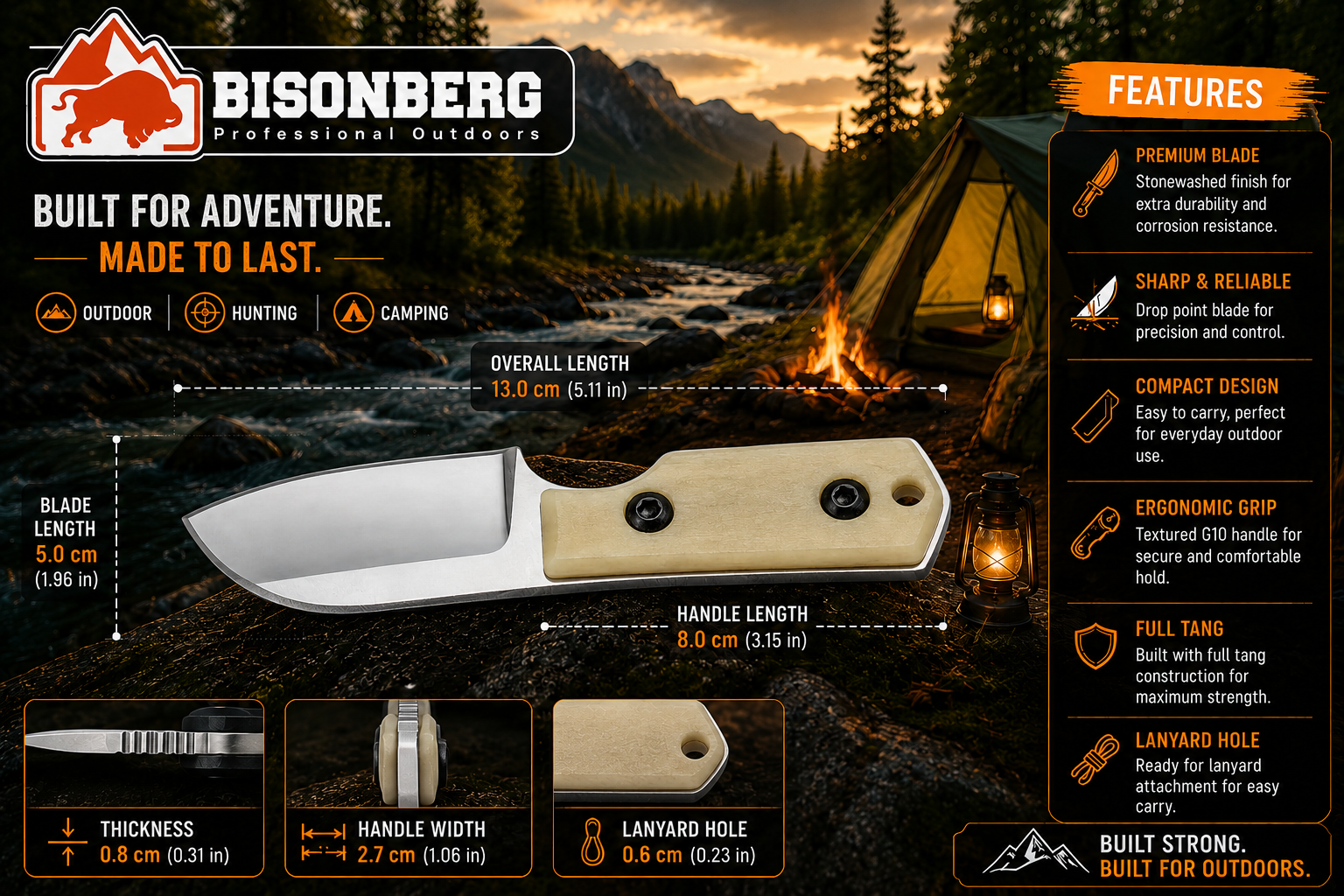 Bisonberg l Refurbished  Fixed Blade Mini Knife, Outdoor Camping,  hiking,  & Survival Knife