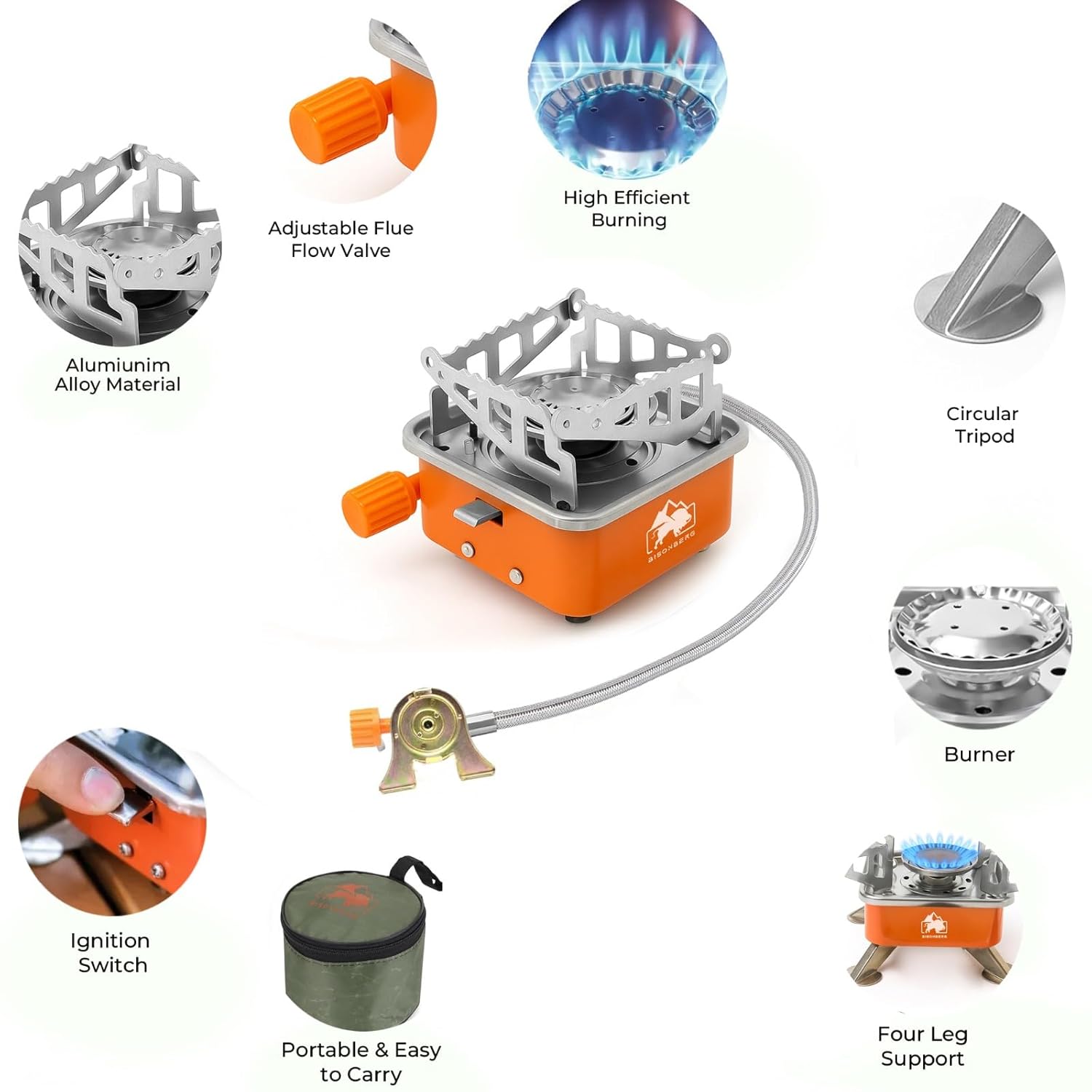 BISONBERG Camping Gas Stove, Portable Lightweight Folding Stainless Steel Furnace with Storage Bag for Outdoor Cooking, Picnic image 2