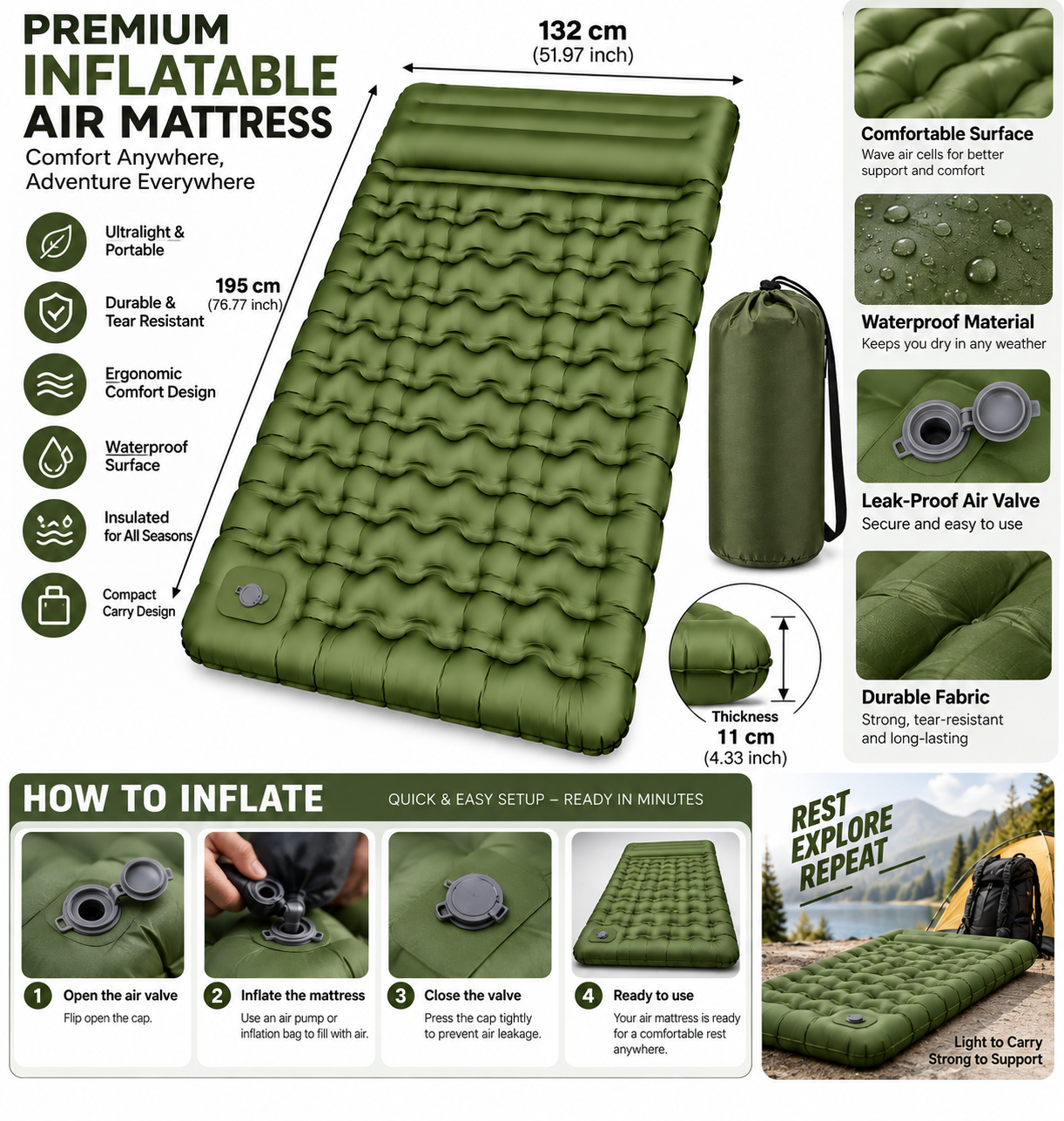 BISONBERG Double Camping  Infatble 2- Person Sleeping Pad With Built-In Foot Pump for Comfortable & Outdoor Sleeping Mattres