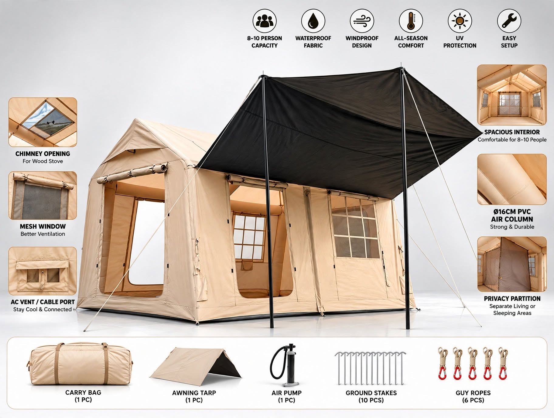 Bisonberg| Premium -Inflatable Camping a Air Tent – Waterproof Large Outdoor Family Shelter|Spacious Canvas Camping Tent with Large Awning Outdoor &  Adventure