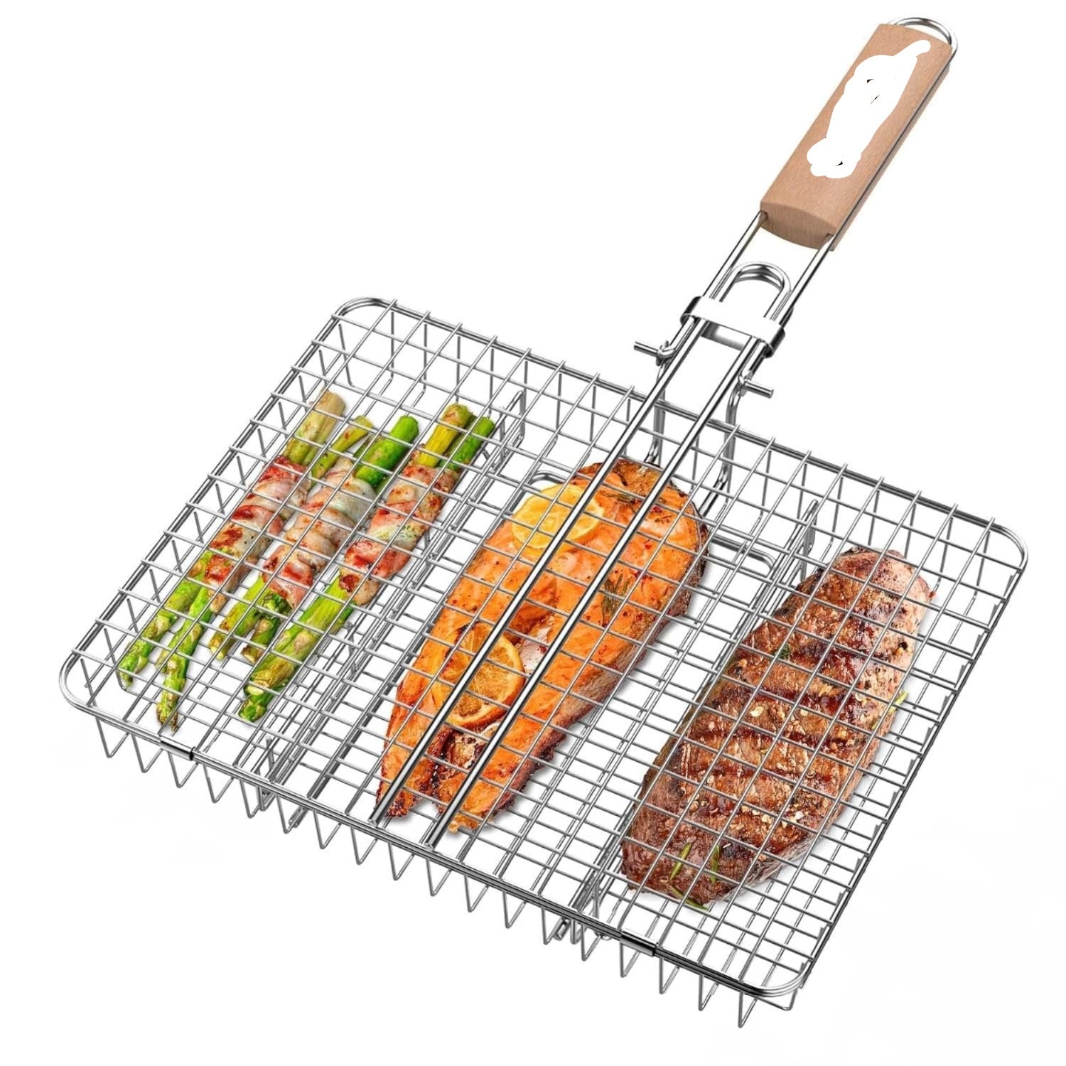 Portable BBQ Grill Basket with Wooden Handle – Stainless Steel Barbecue Grilling Rack for Fish, Meat & Vegetables image 0