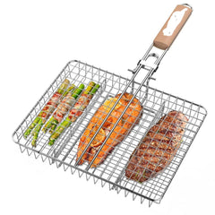 Portable BBQ Grill Basket with Wooden Handle – Stainless Steel Barbecue Grilling Rack for Fish, Meat & Vegetables image 0