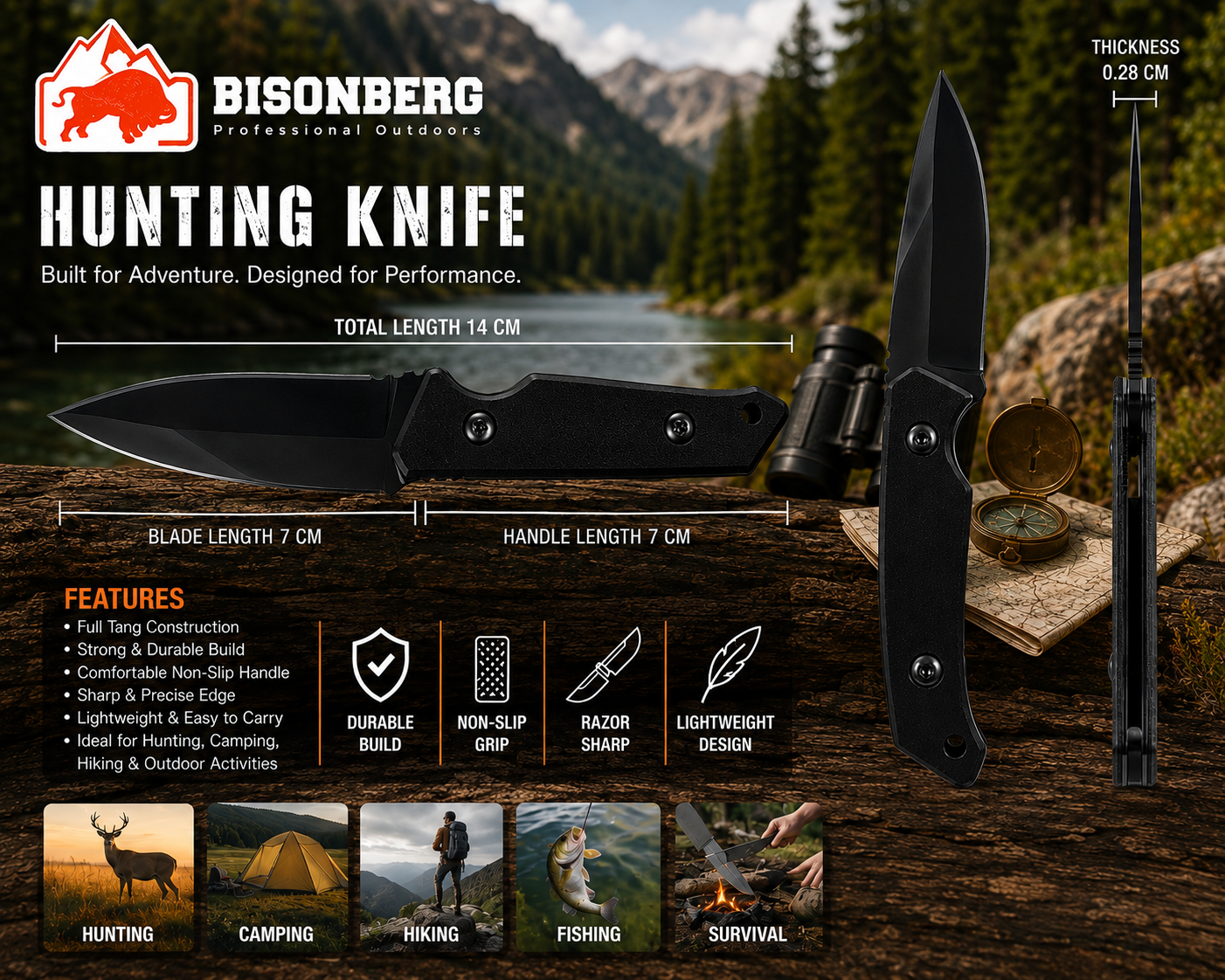 Bisonberg l Black Sharp and Durable Refurbished  Blade Knife  | Outdoor Camping & Survival Knife And Comfortable Textured Handle