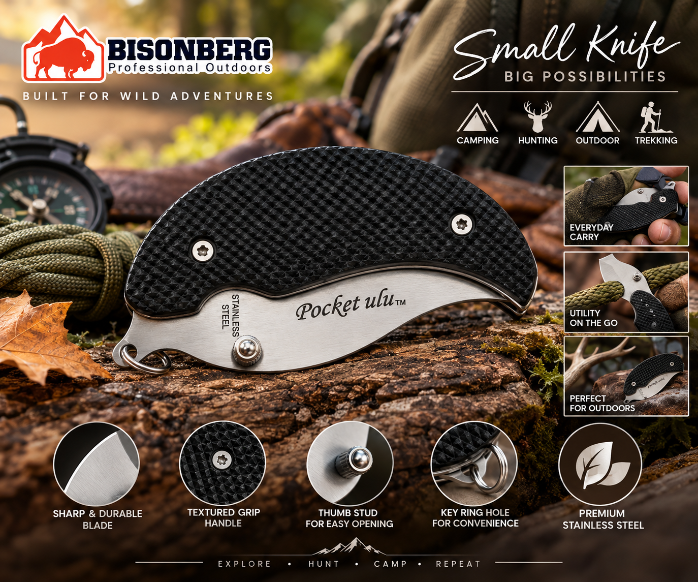 Bisonberg| Stainless-Steel Pocket Folding  Knife | Compact EDC Camping & Outdoor Utility Knife
