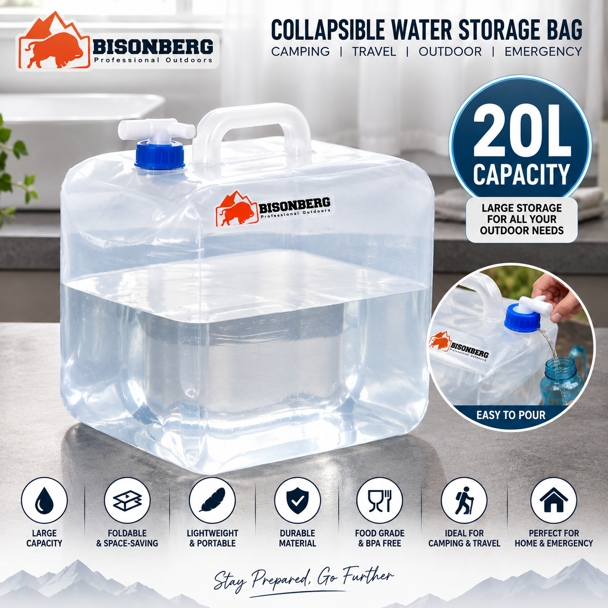 BISONBERG Collapsible Water Storage Container-20L with Tap – Outdoor Camping & Travel