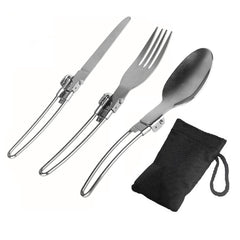 3-Piece Folding Cutlery Set, Stainless Steel Fork, Spoon & Butter Knife, Perfect for Eco-Friendly Trekking, Hiking & Camping, Includes Nylon Pouch for Convenien image 0