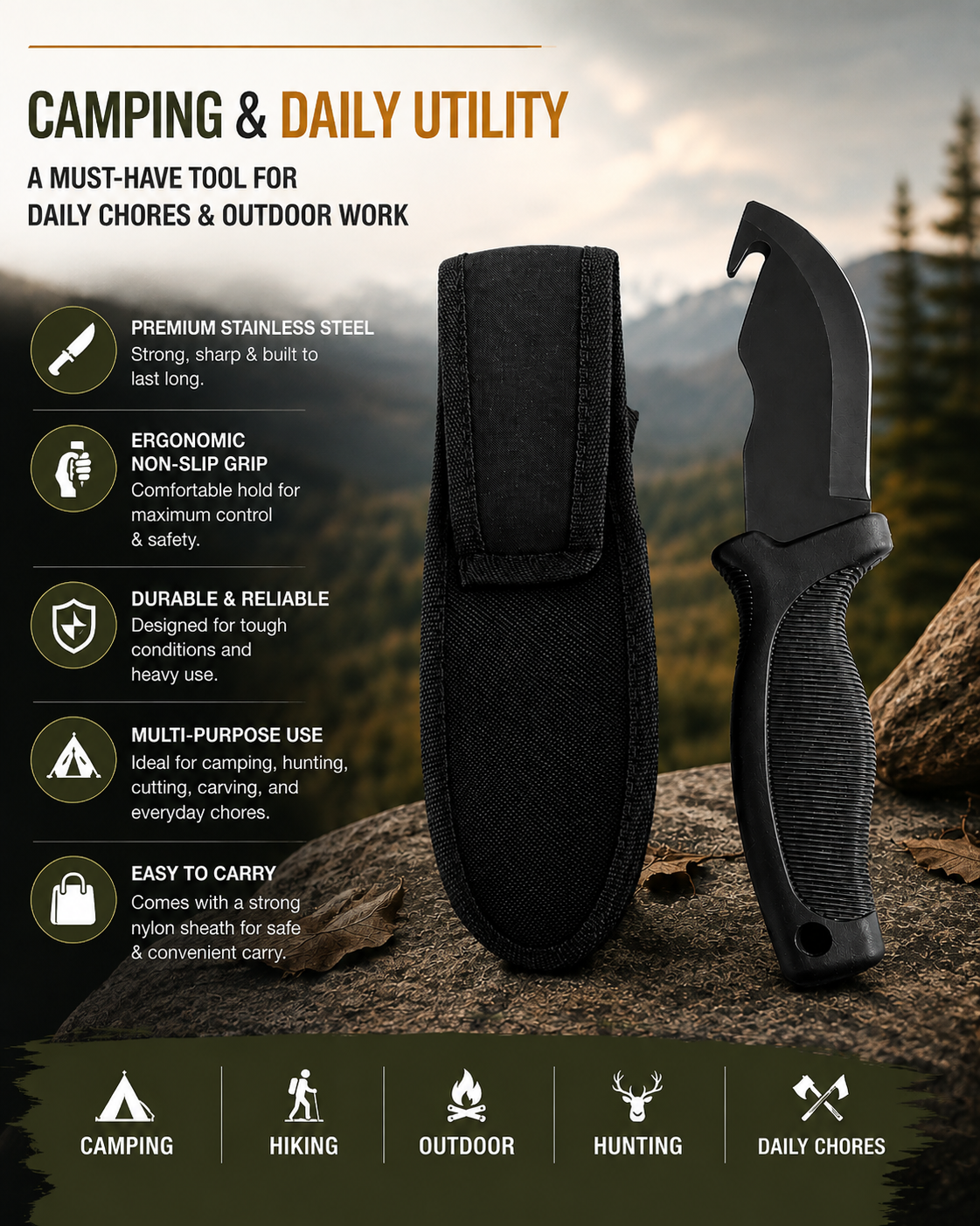 BISONBERG Fixed Blade Tactical Cut Hook Knife With Sheath| Heavy Duty Survival Knife For Camping,Hunting & Outdoor Use