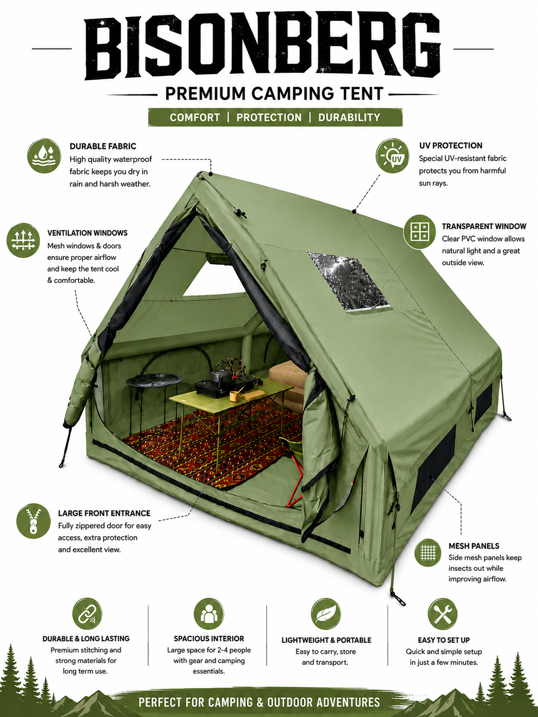 BISONBERG-Inflatable Camping a Air Tent – Waterproof Large Outdoor Family Shelter|
