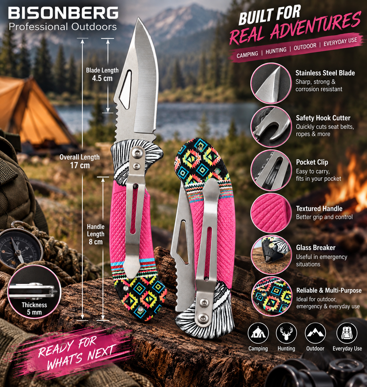 Bisonberg| Premium Folding Pocket Knife with Pocket Clip, Outdoor & Camping Knife