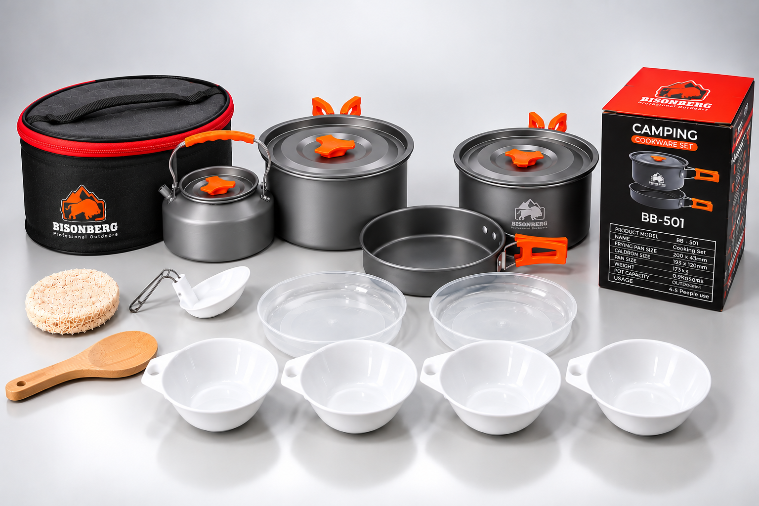 BISONBERG BB-501 Premium Camping Cookware Set – Portable Outdoor Cooking Kit with  Pots, Pan, Kettle,Spoon, Bowl, Plate & Carry Bag