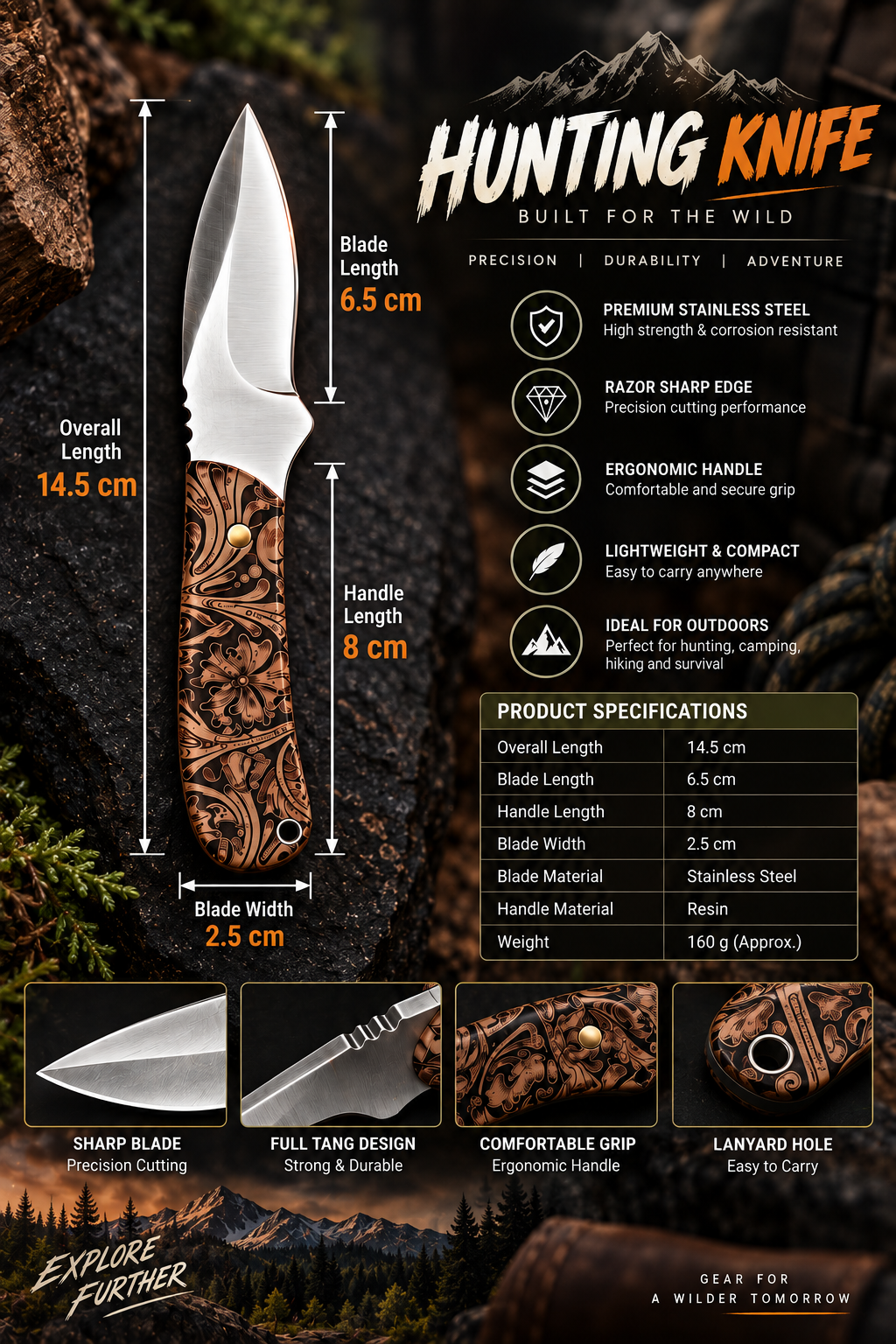 Bisonberg  Fixed Sharp Steel Blade Knife  | Outdoor Camping & Survival Knife