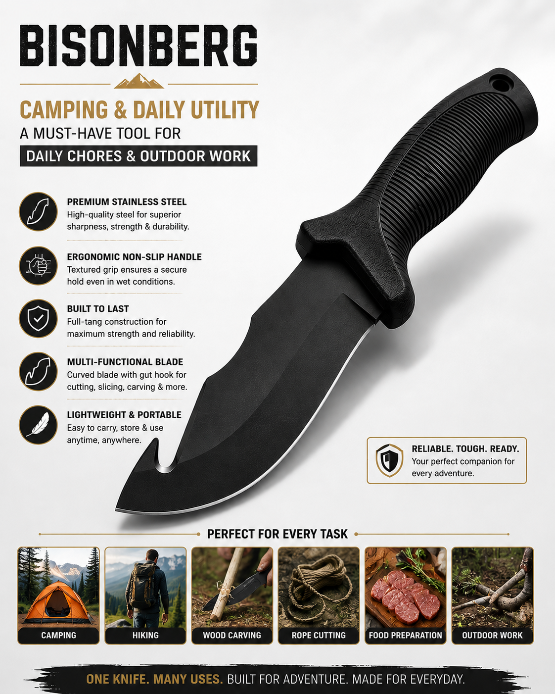 BISONBERG Fixed Blade Tactical Cut Hook Knife With Sheath| Heavy Duty Survival Knife For Camping,Hunting & Outdoor Use