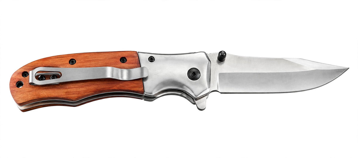 Premium Stainless Steel Folding Camping & Outdoor Knife – Wooden Handle & Pocket Clip Daily Utility