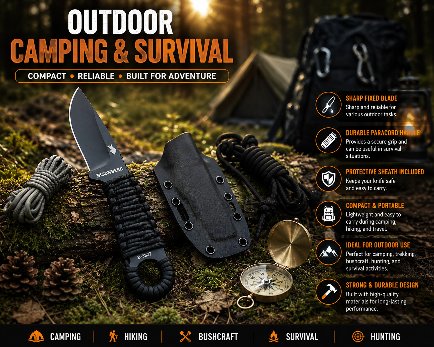 BISONBERG |Fixed Blade, Skeleton Handle Knife| Heavy Duty Survival Knife For Camping,Hunting & Outdoor Use