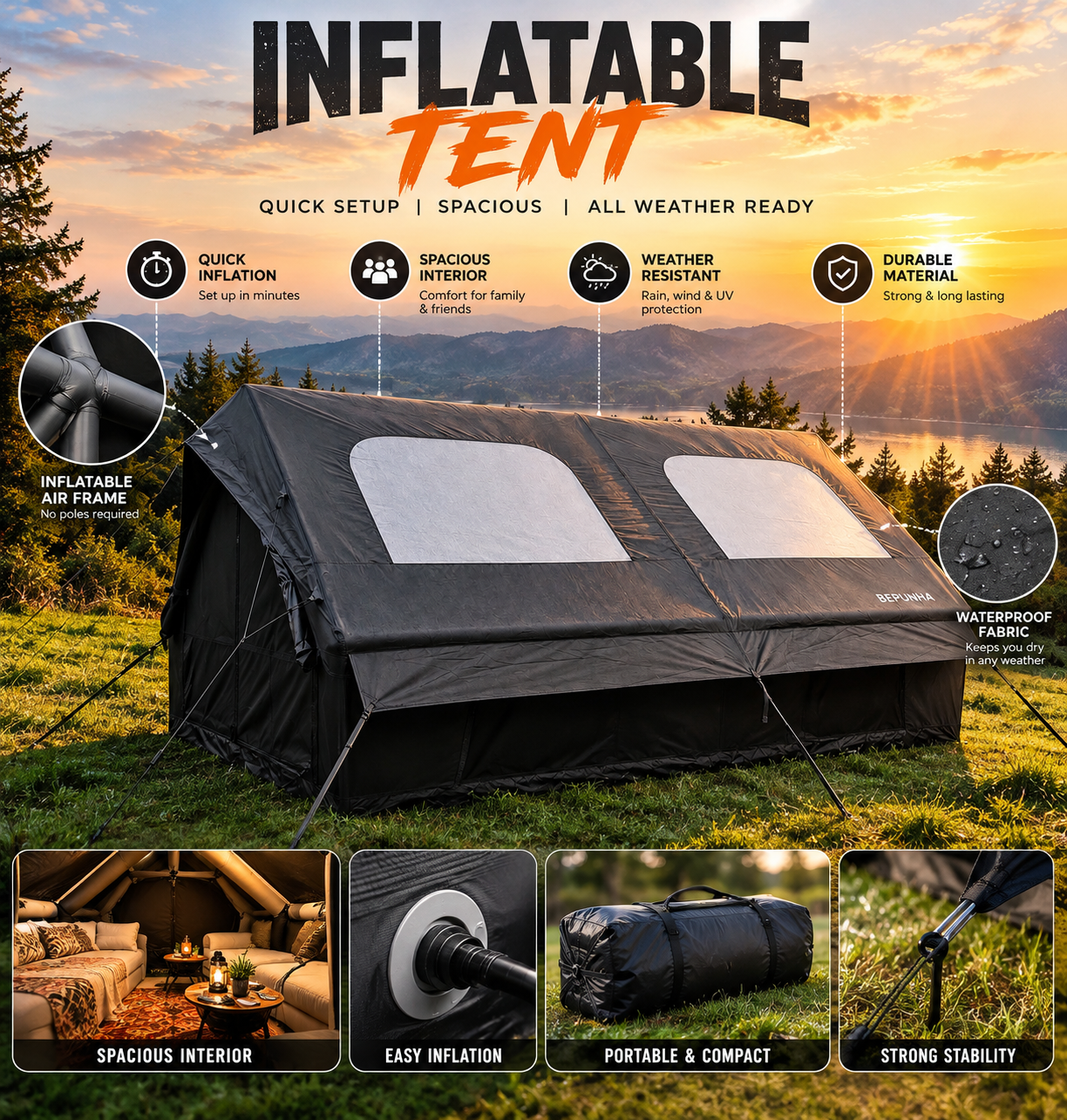 Bisonberg| Premium -Inflatable Camping a Air Tent – Waterproof Large Outdoor Family Shelter|Spacious Canvas Camping Tent with Large  Outdoor &  Adventure