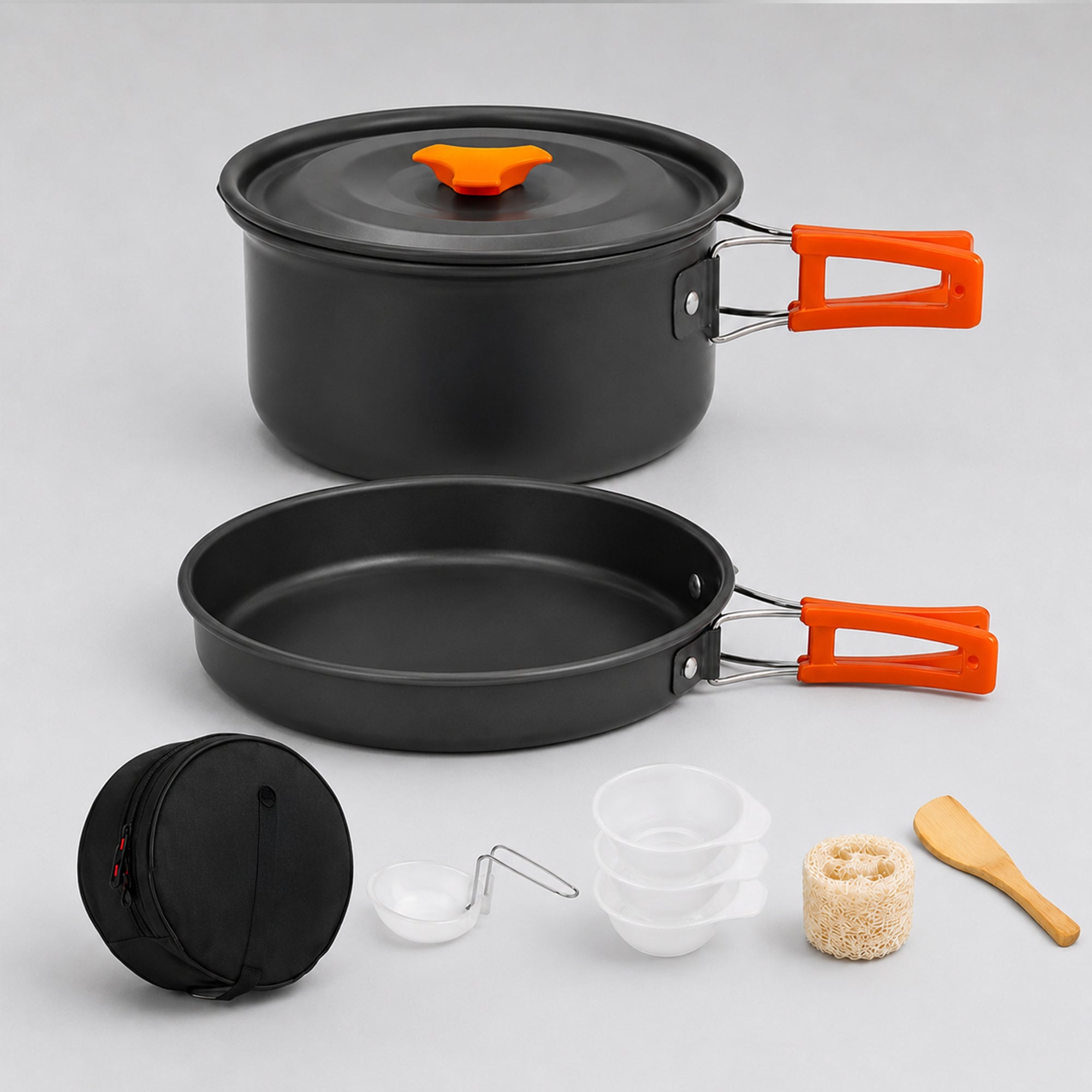 BISONBERG 8 Pcs Camping Cookware Set, Mess Kit, Camping Accessories for Outdoor, Camping Utensils with Carry Bag, Camping Bowl Pot Pan Set - Nonstick Aluminum - for 2 People