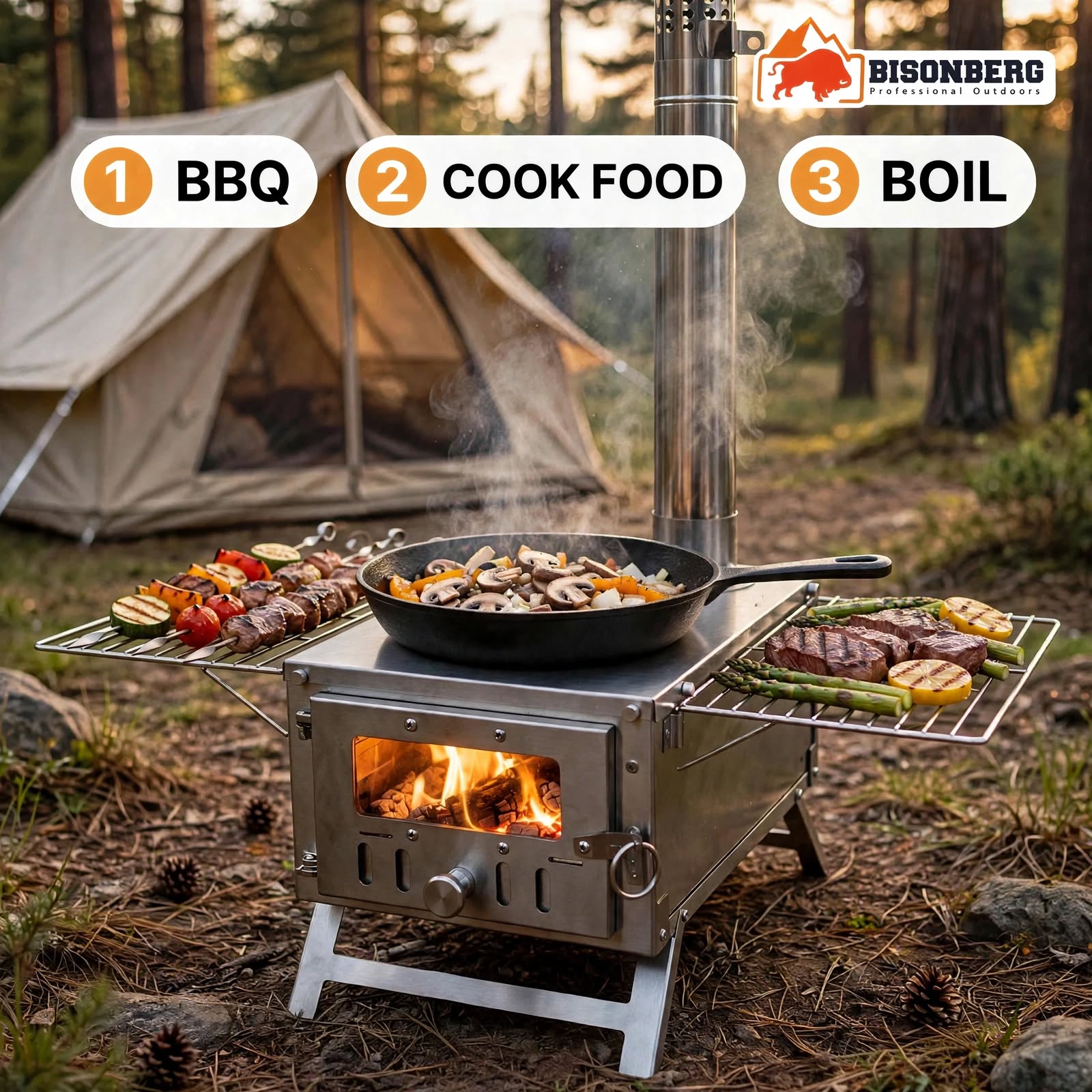 Bisonberg TA1 Titanium Wood Burning Camping Stove with Chimney Pipe – Portable Tent Stove with 10.5L Firebox, 1 Glass Viewing Windows & Foldable Cooking Racks