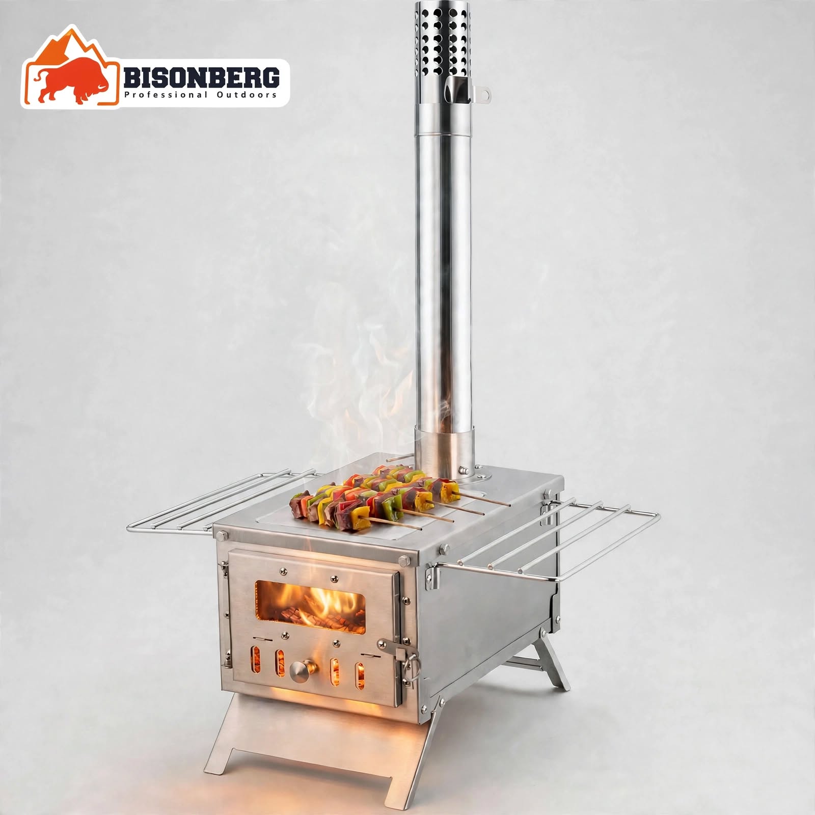 Bisonberg TA1 Titanium Wood Burning Camping Stove with Chimney Pipe – Portable Tent Stove with 10.5L Firebox, 1 Glass Viewing Windows & Foldable Cooking Racks