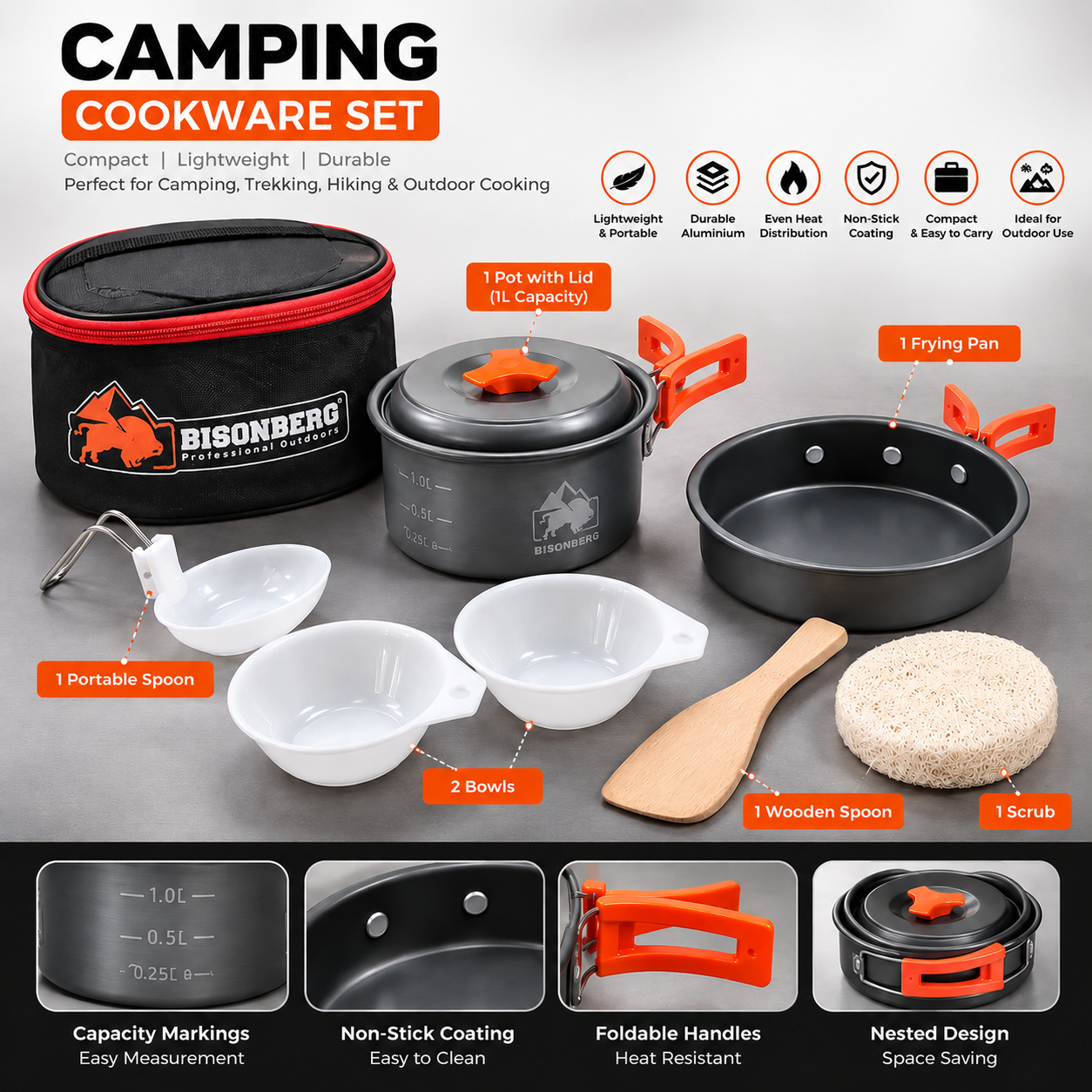 BISONBERG BB-200 Premium | 2-3 Person Camping Cookware Set – Portable Outdoor Cooking Kit with Pots, Pan, Bowl,Spoon & Carry Bag