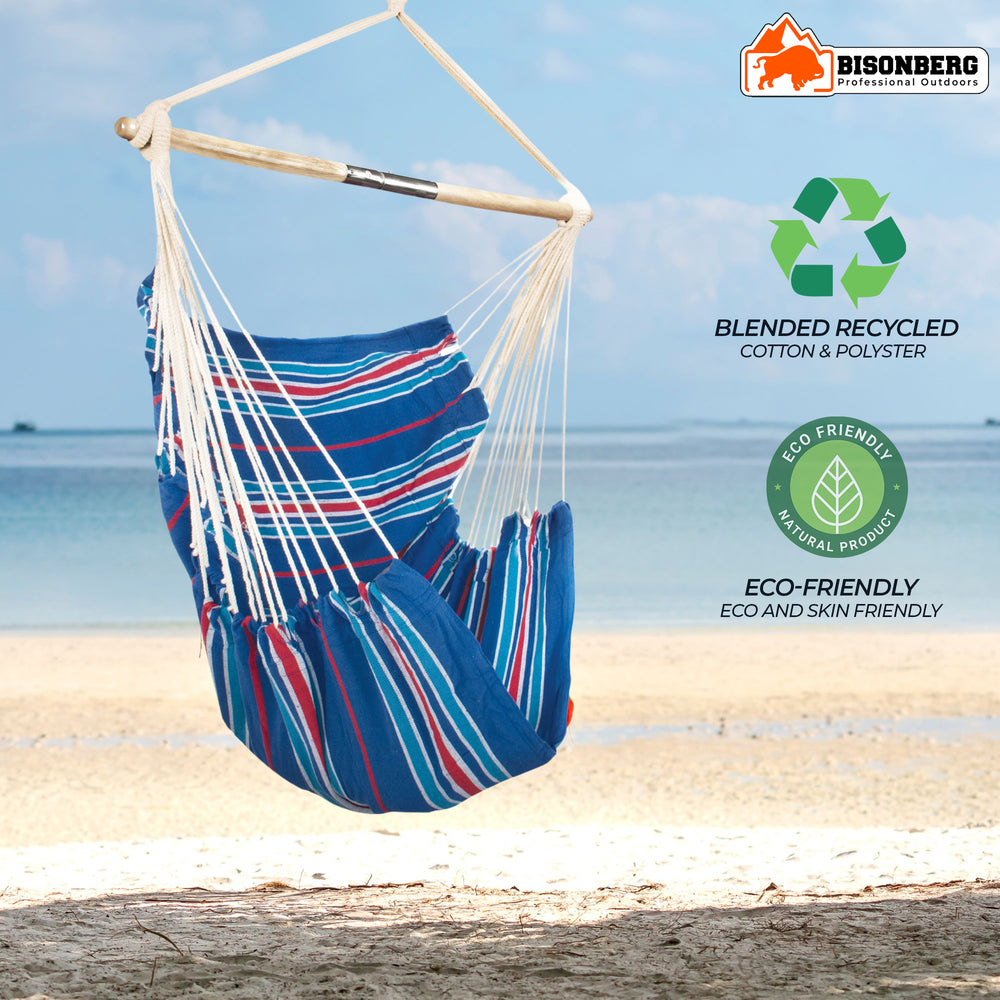 Bisonberg Premium Cotton Hammock Swing Chair for Indoor & Outdoor – Blue Striped Design image 3