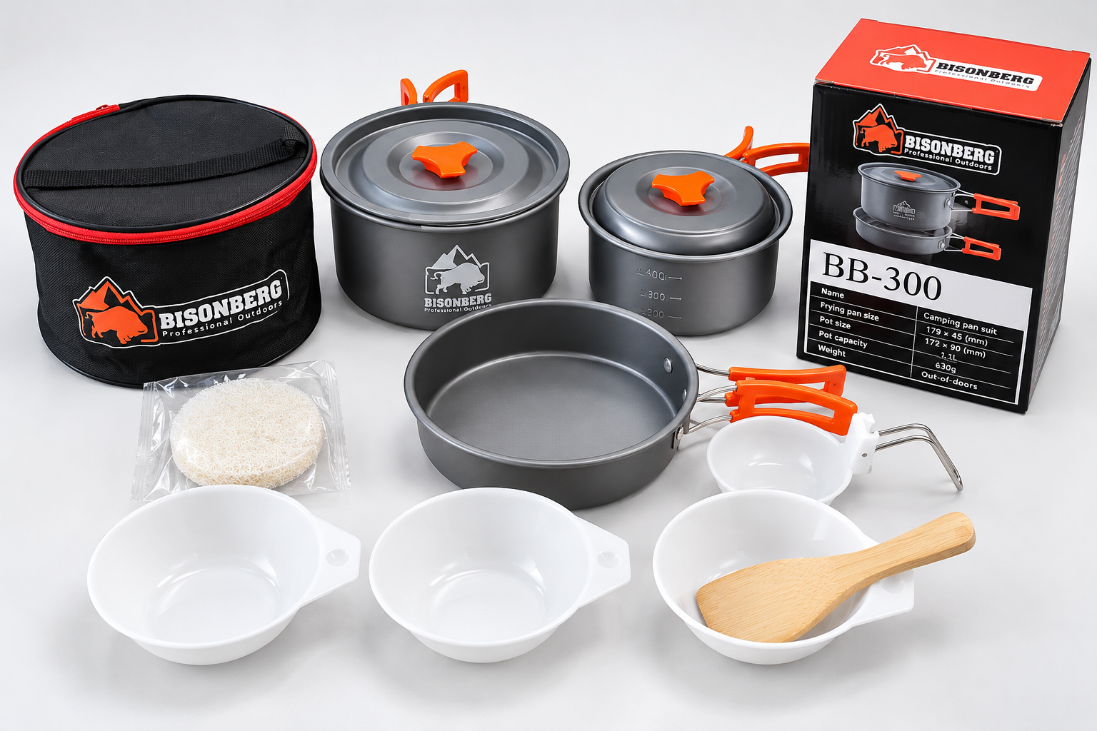 BISONBERG BB-300 Premium | 3-4 Person Camping Cookware Set – Portable Outdoor Cooking Kit with Pots, Pan, Bowl,Spoon & Carry Bag