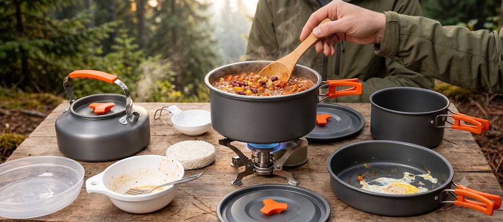 BISONBERG BB-308 Premium |3-4 Person Camping Cookware Set – Portable Outdoor Cooking Kit with Pots, Pan, Kettle & Carry Bag
