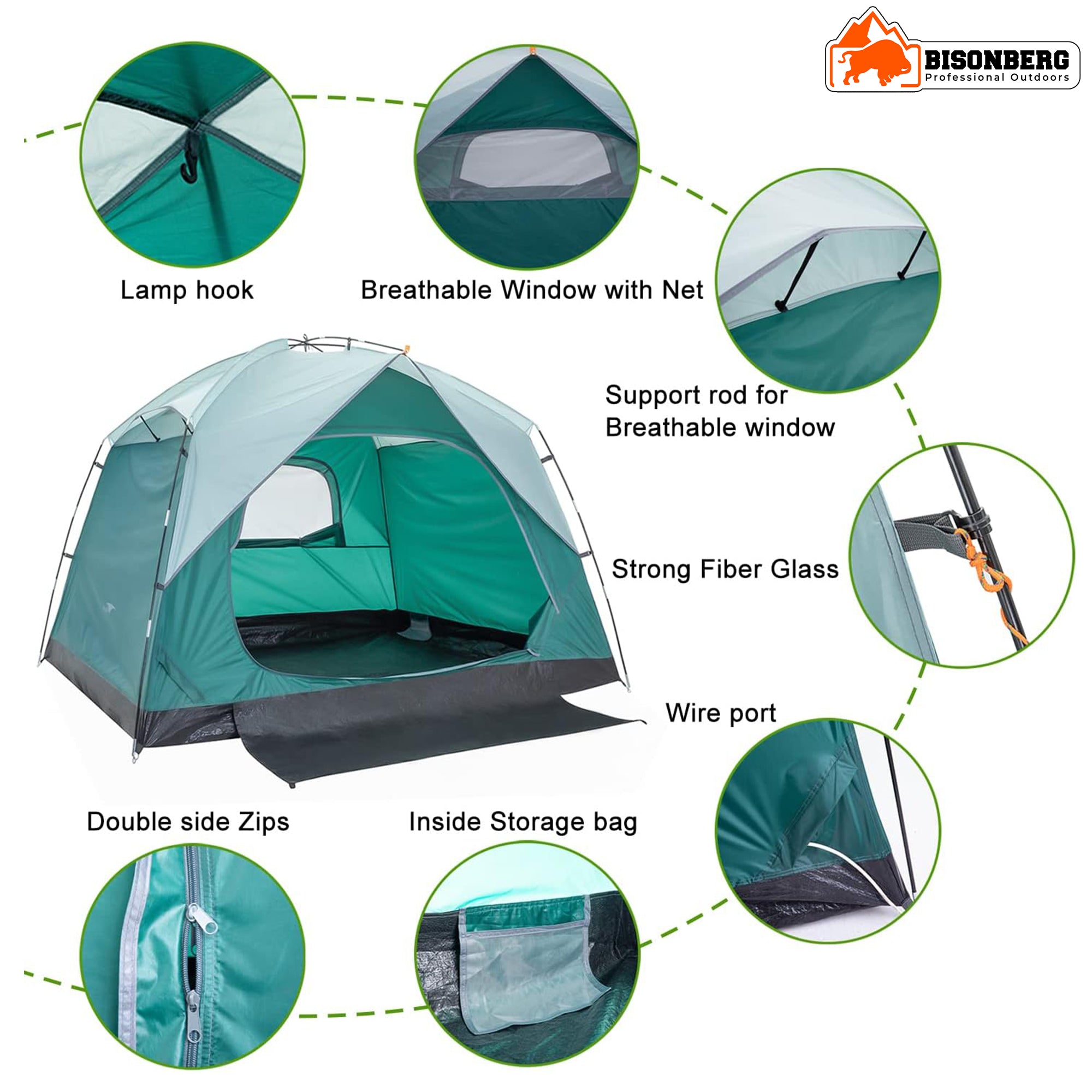 Bisonberg 4 Person Family Camping Tent | Waterproof 1500mm | Breathable Dome Tent with Rainfly & Fiberglass Poles image 5