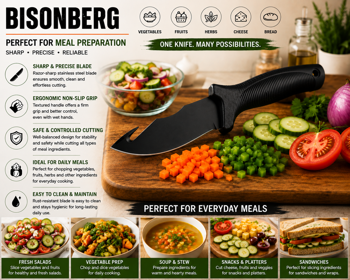BISONBERG Fixed Blade Tactical Cut Hook Knife With Sheath| Heavy Duty Survival Knife For Camping,Hunting & Outdoor Use