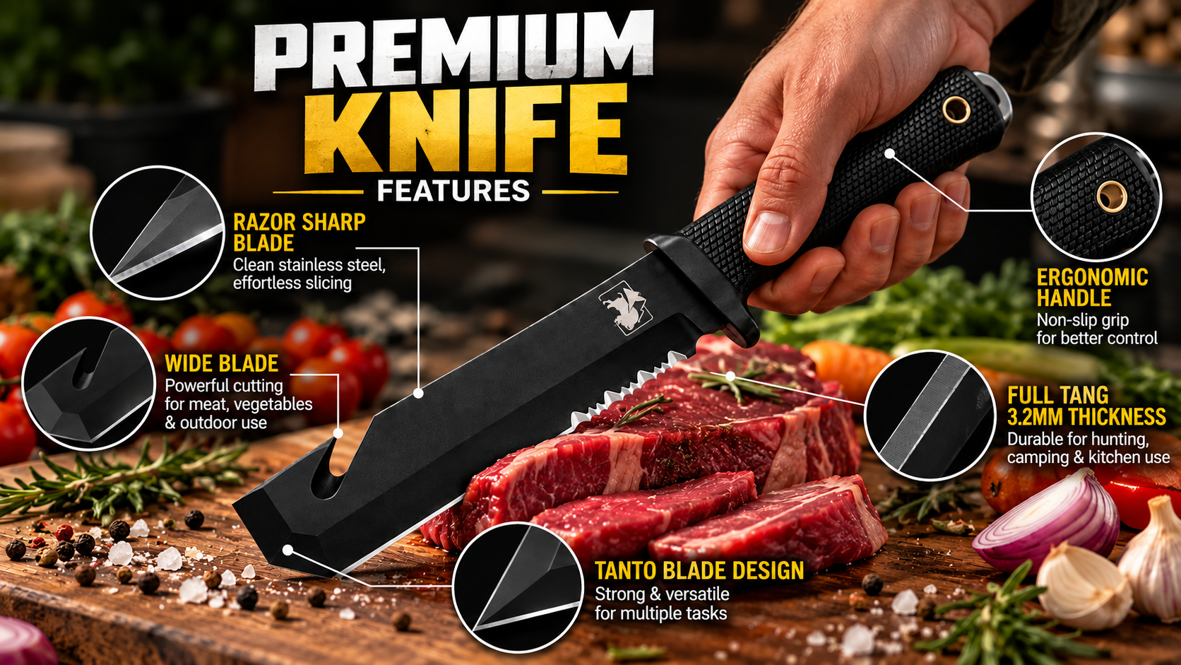 BISONBERG Kitchen Meat Knife for Chopping, Dicing and Mincing, Professional Chef Blade for Home Kitchen and Outdoor Camping (Cap Opener)
