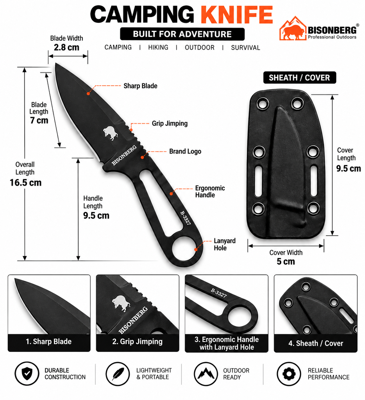 BISONBERG |Fixed Blade, Skeleton Handle Knife| Heavy Duty Survival Knife For Camping,Hunting & Outdoor Use