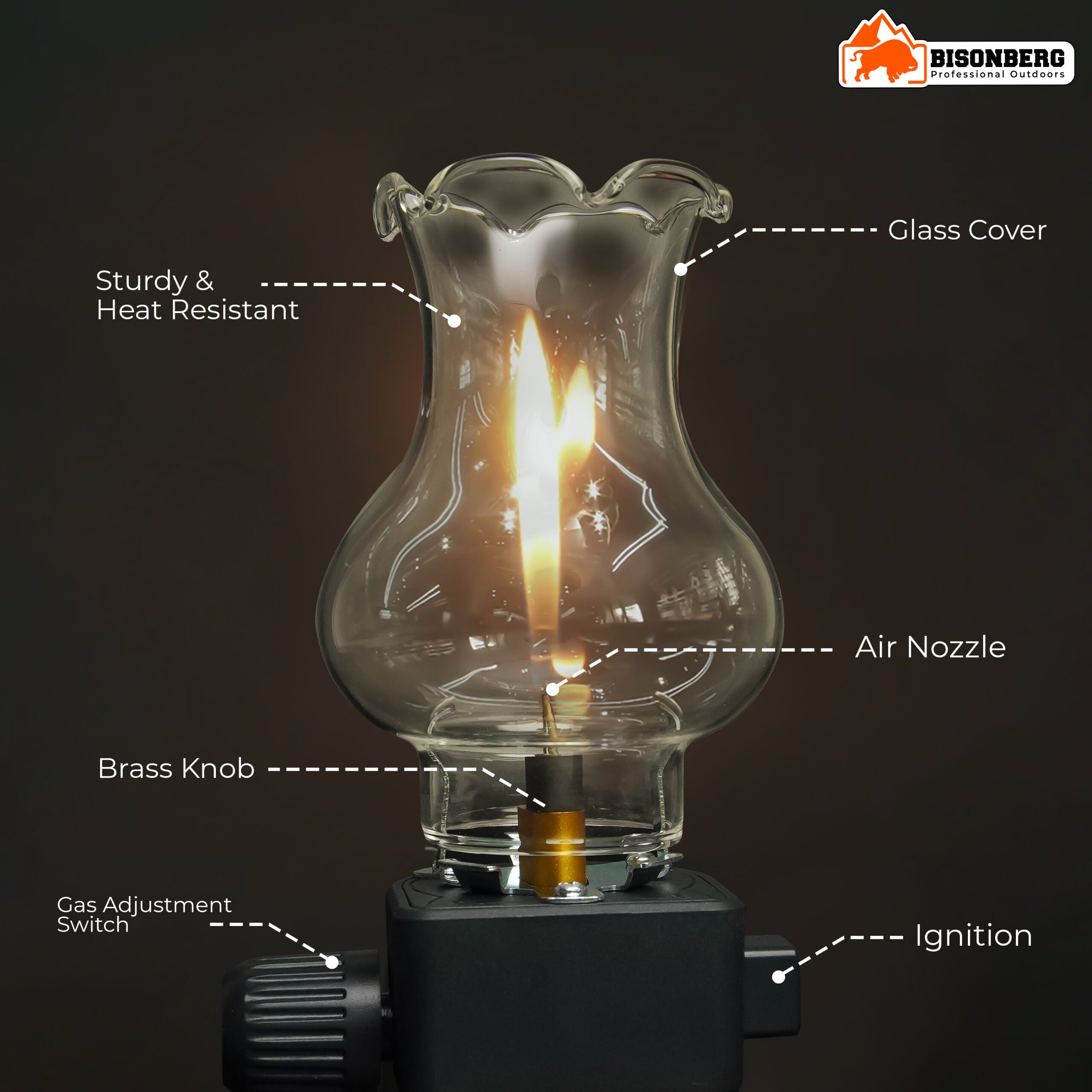 BisonBerg Vintage-Style Gas Camping Lantern – Adjustable Flame Lamp for Outdoor Use with Glass Globe and Refill Valve image 2