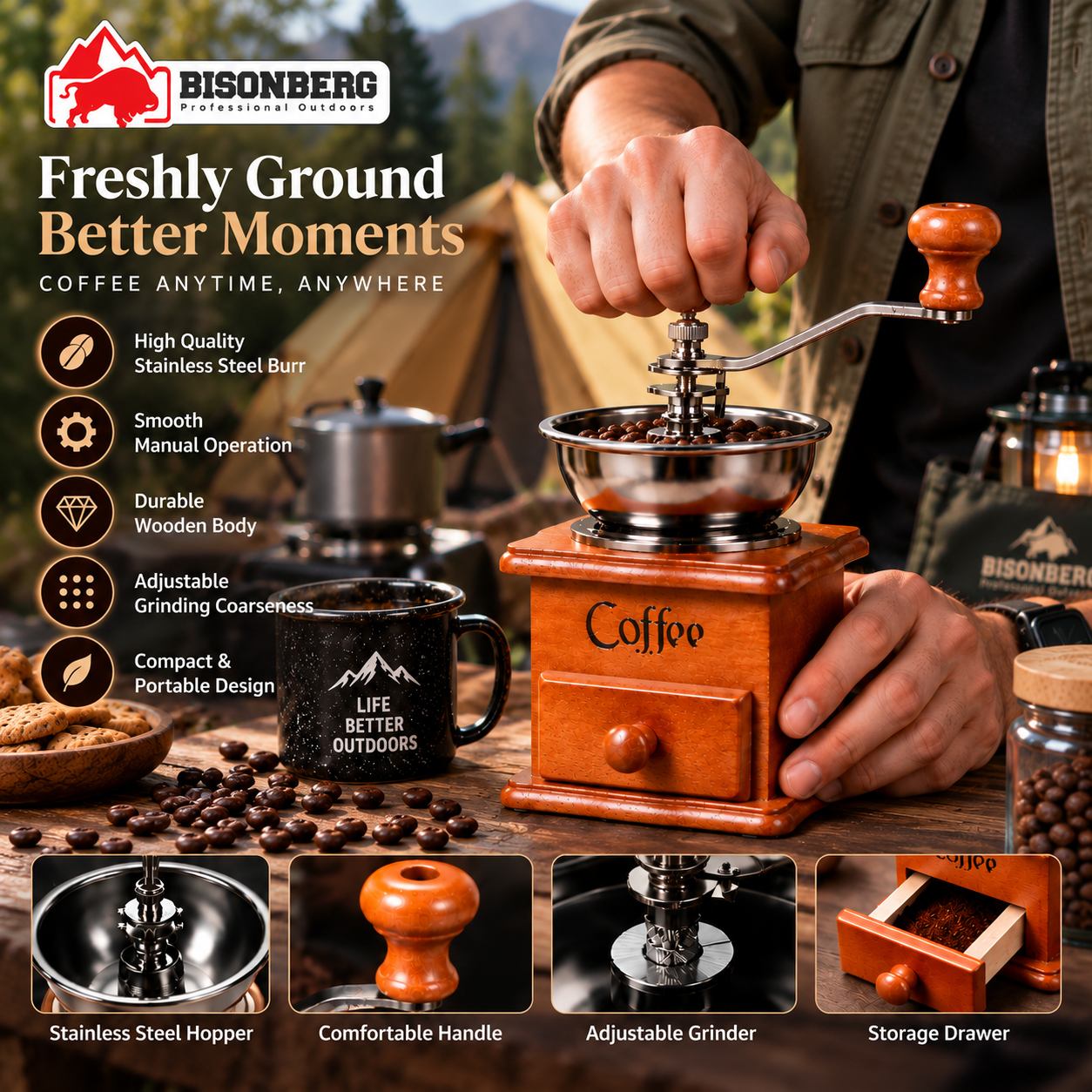 BIOSNBERG |Manual Wooden Coffee Grinder – Portable Hand Crank Coffee Mill