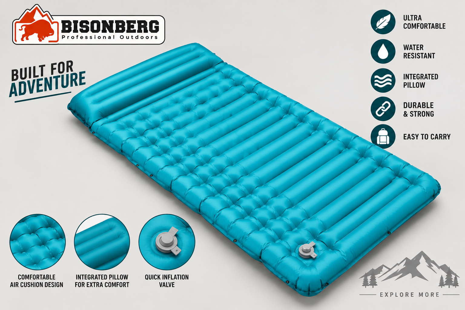 BISONBERG | Camping  Infatble 1- Person Sleeping Pad With Built-In Foot Pump for Comfortable & Outdoor Sleeping Mattres