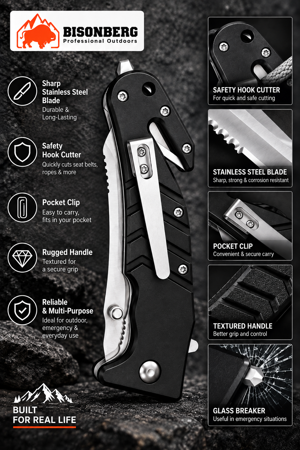 BISONBERG|Premium Rescue Folding  Pocket knife for camping,hiking, and outdoor Camping