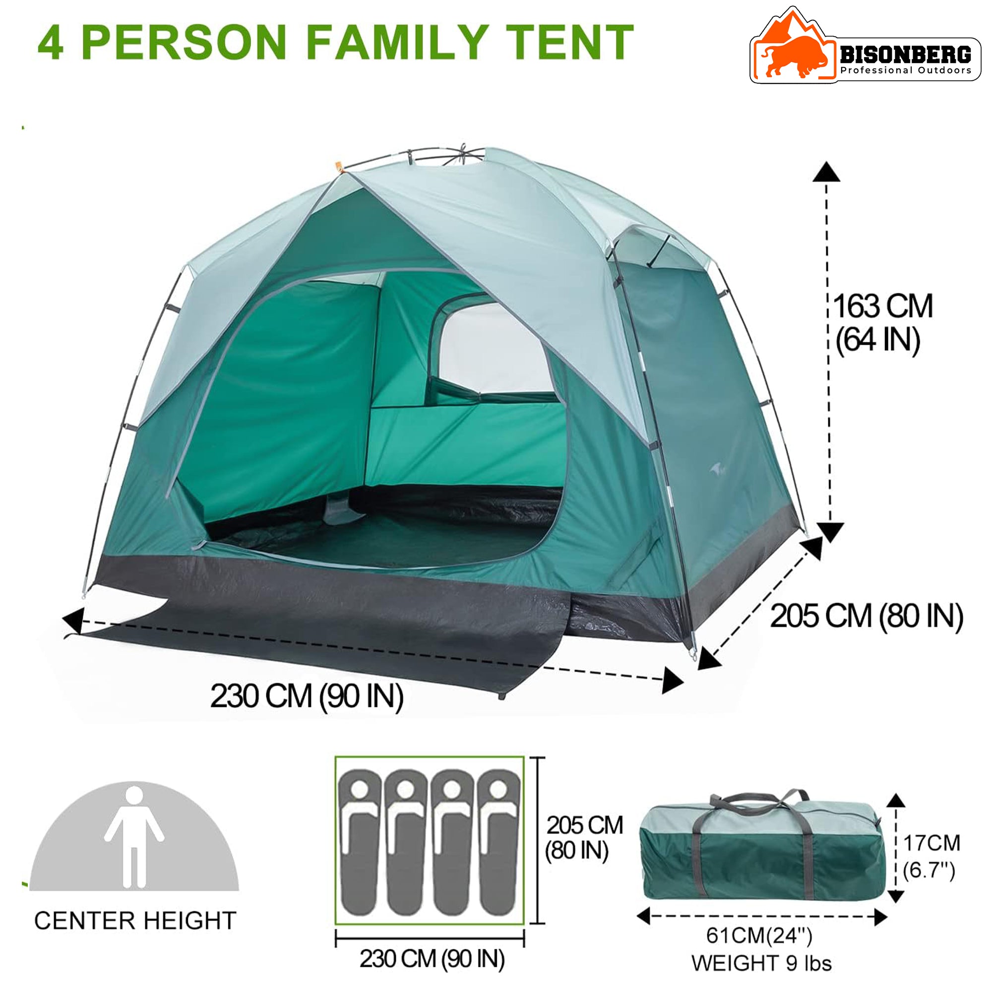 Bisonberg 4 Person Family Camping Tent | Waterproof 1500mm | Breathable Dome Tent with Rainfly & Fiberglass Poles image 4