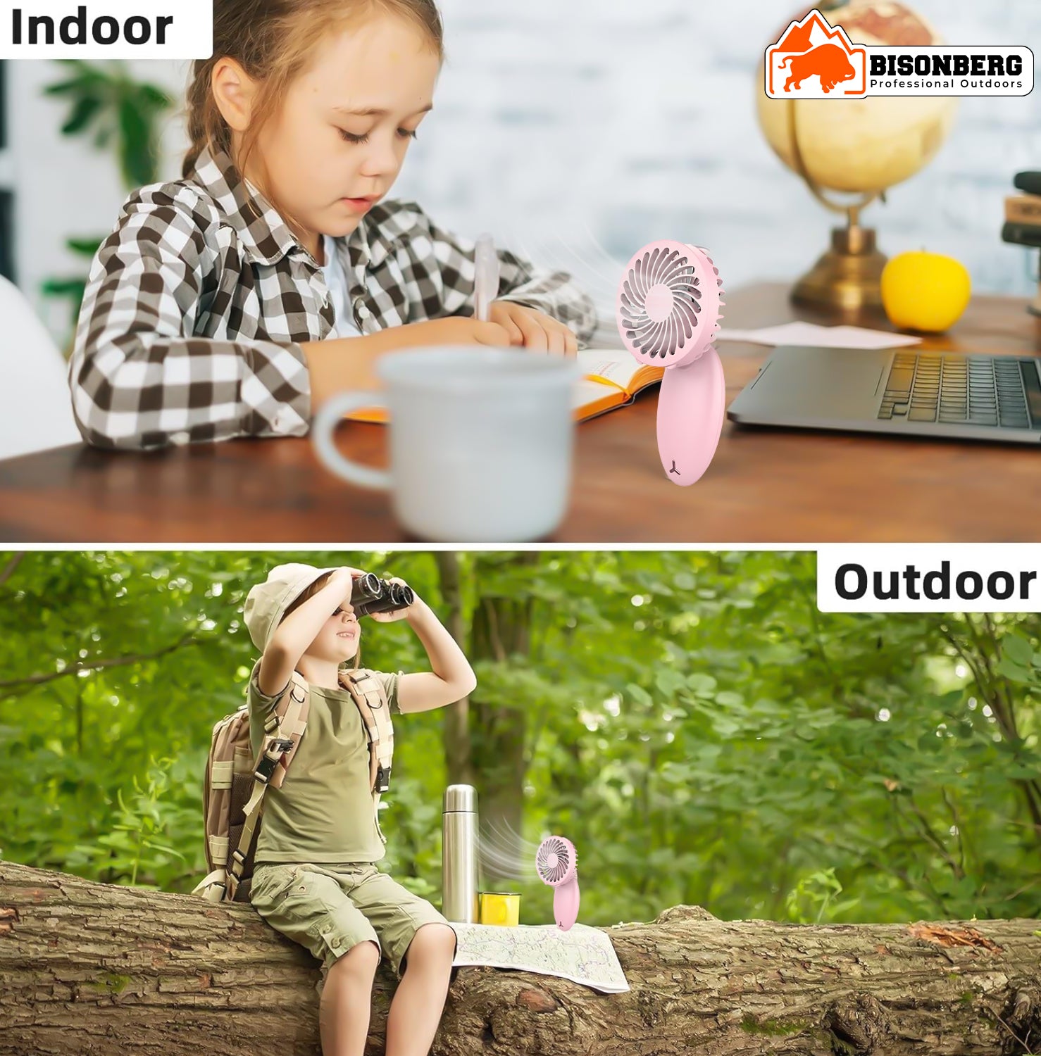 BisonBerg 2-in-1 Clip-On Mini Fan with Massage Pad – Rechargeable Portable Cooling Fan for Desk, Travel & Personal Use (Pink) image 2