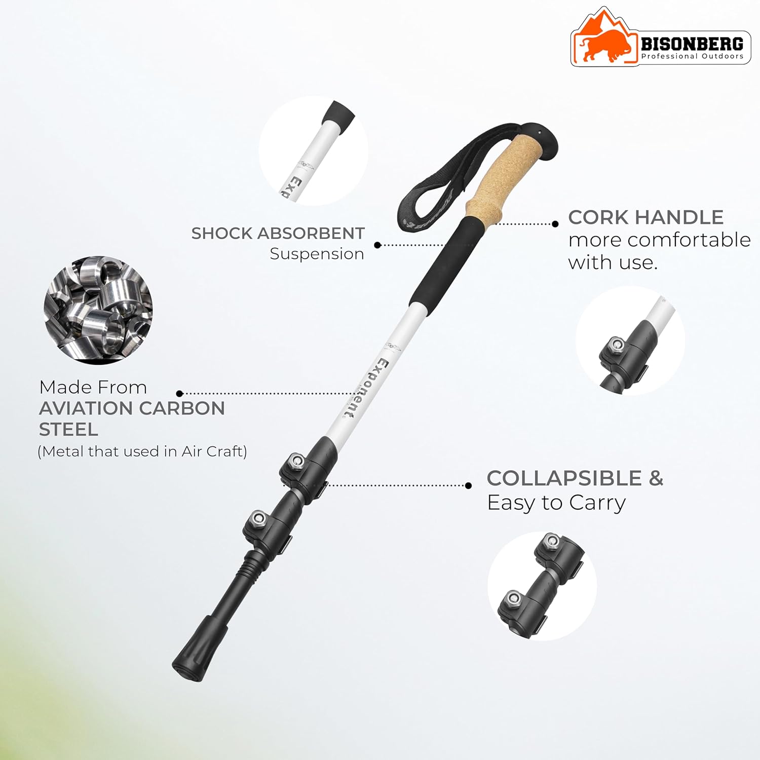 BISONBERG Trekking Pole, 65-130 cm Adjustable Height, Ergonomic EVA Handle, Aluminium Walking Stick for Camping, Nordic Walking, Trail Hiking, Travel Adventures, Black image 4