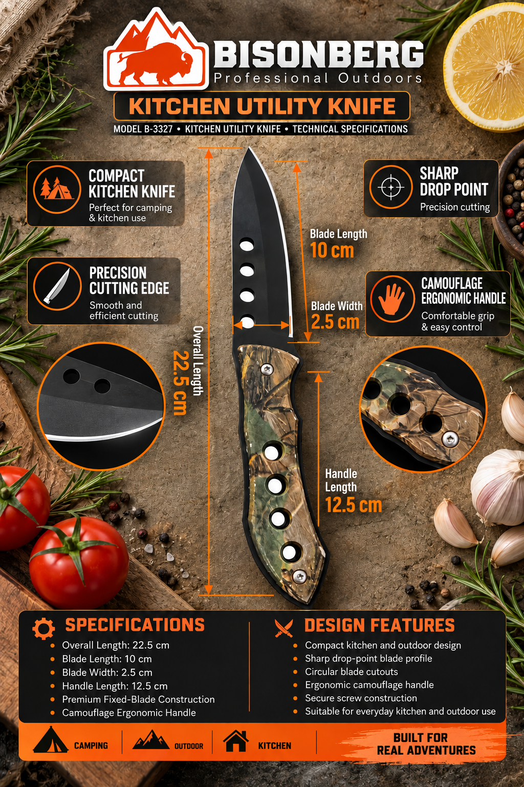 BISONBERG  Kitchen Utility Fixed Blade Knife| Heavy Duty Survival Knife For Camping,Hunting & Outdoor Use