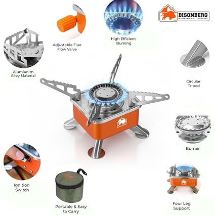 BisonBerg Ultra-Light Folding Camping Butane Gas Stove Burner with 4 Butane Cartridge, Aluminium image 3
