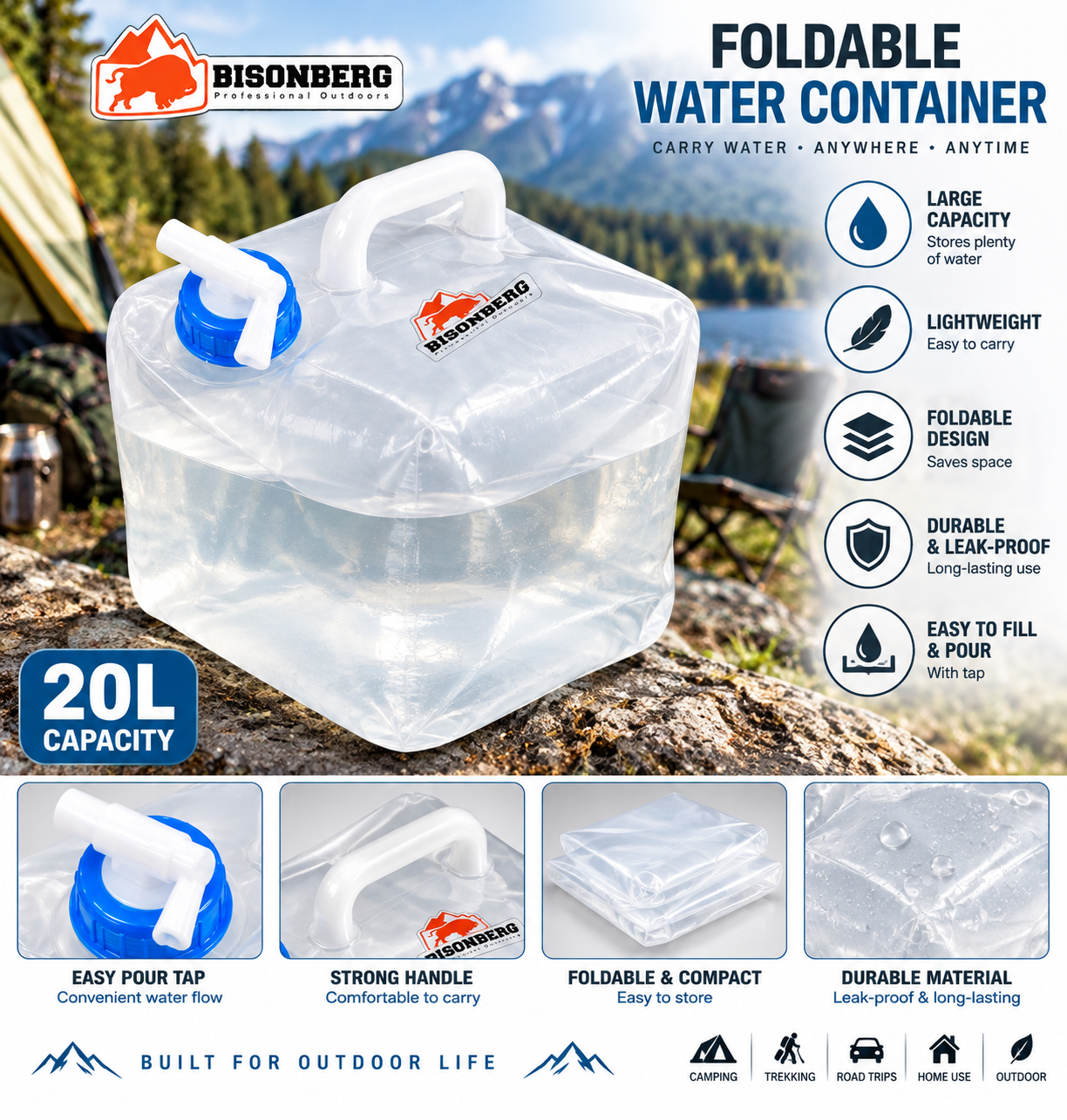 BISONBERG Collapsible Water Storage Container-20L with Tap – Outdoor Camping & Travel