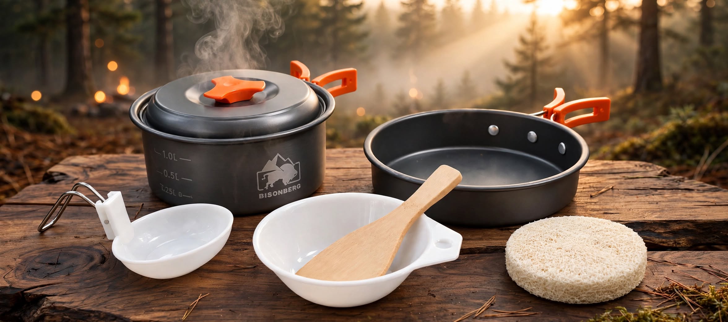 BISONBERG BB-200 Premium | 2-3 Person Camping Cookware Set – Portable Outdoor Cooking Kit with Pots, Pan, Bowl,Spoon & Carry Bag