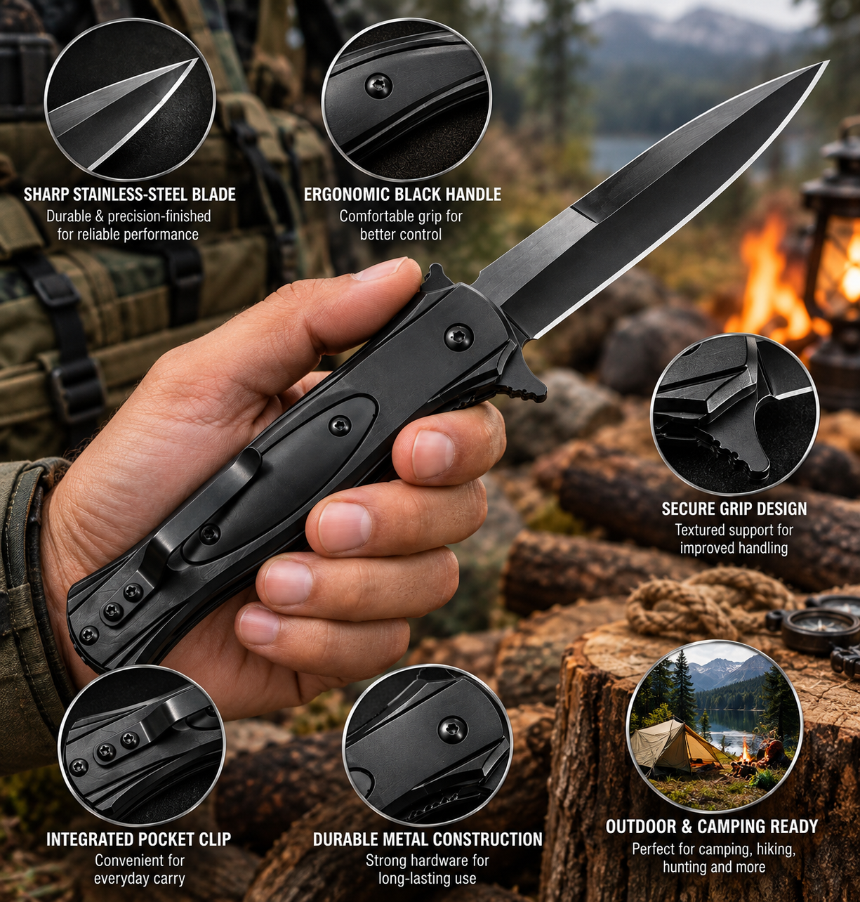 BISONBERG| Premium  Multi-functional Rescue  Black Pocket Folding Knife & Outdoor and Camping