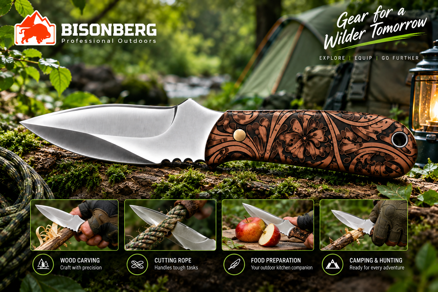 Bisonberg  Fixed Sharp Steel Blade Knife  | Outdoor Camping & Survival Knife