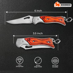 Bisonberg Premium Folding Pocket Knife with Stainless Steel Blade and Polished Wooden Handle – Compact EDC Tool with Keychain Loop image 2