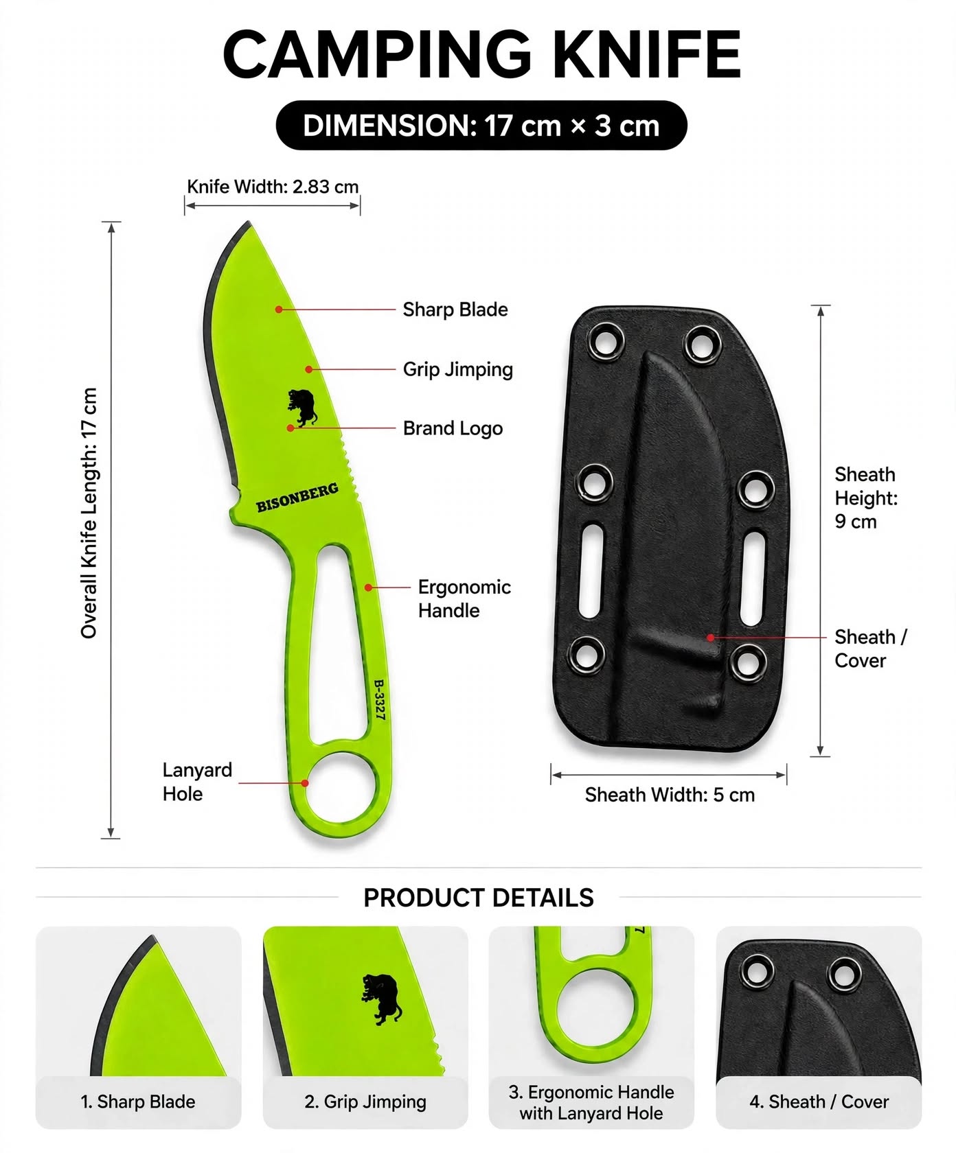 BISONBERG |Fixed Blade, Skeleton handle Knife| Heavy Duty Survival Knife For Camping,Hunting & Outdoor Use